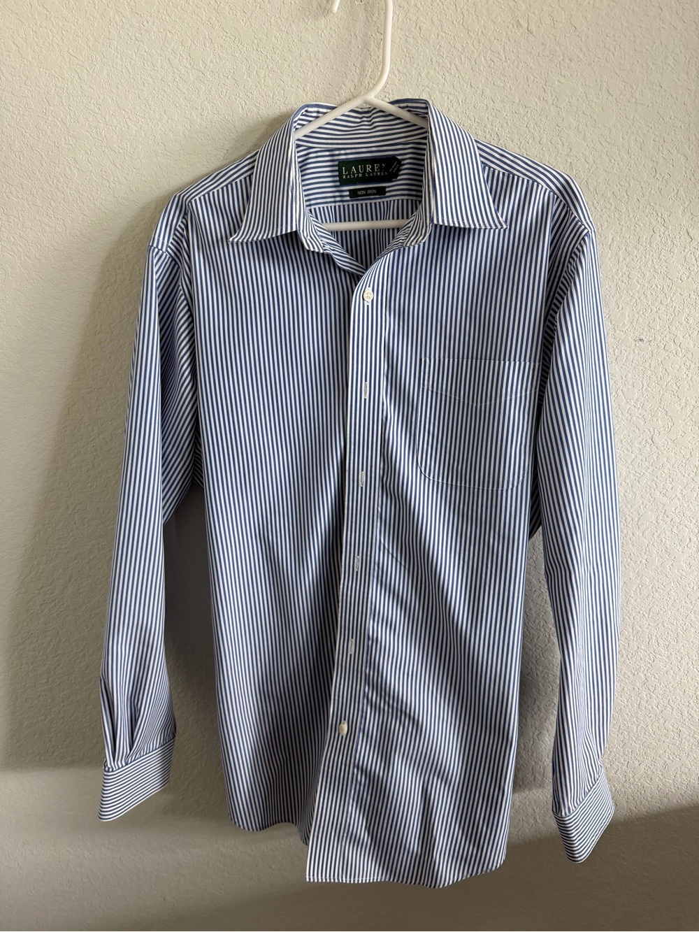 Ralph Lauren Men's White and Blue Vertical Stripe Dress Shirt